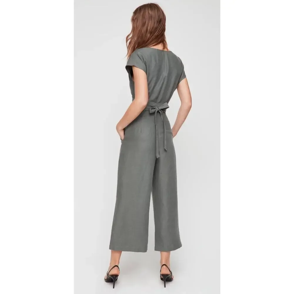 Aritzia Wilfred Revolve Brax Linen Blend Jumpsuit Sagesse Grey Green Wrap sz 8